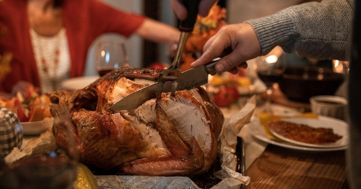 hand with knife cutting turkey