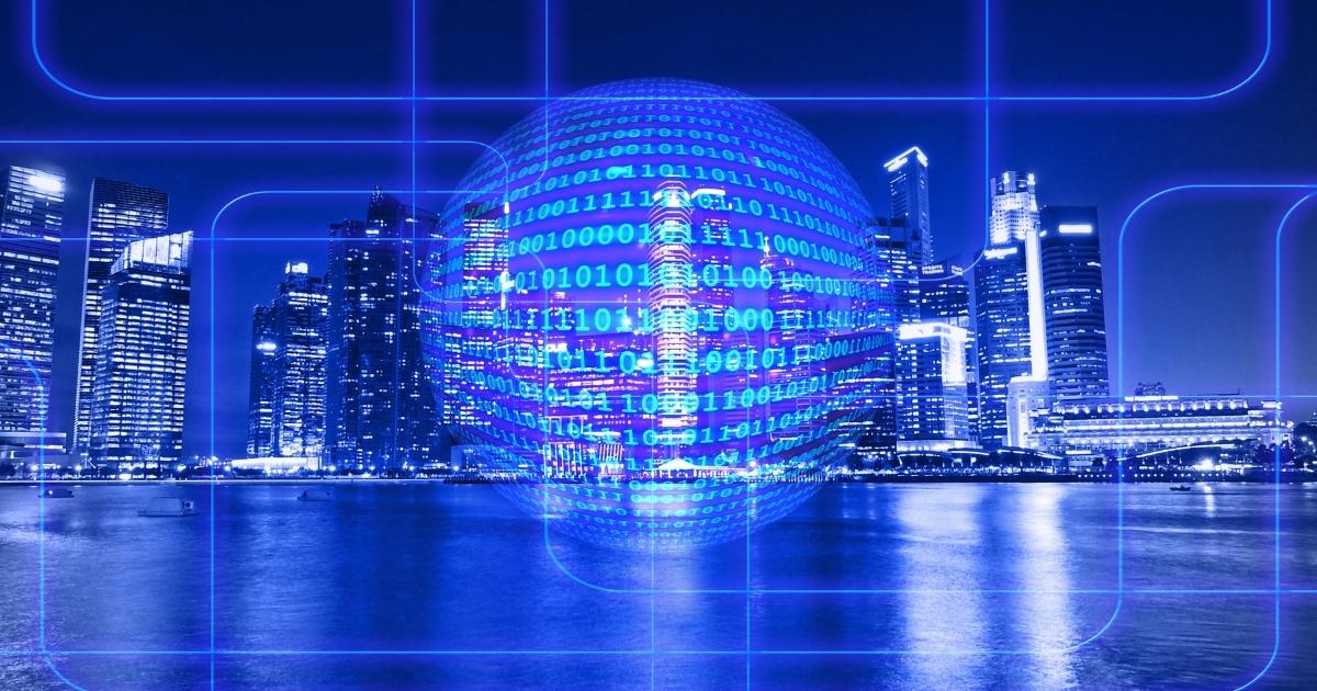 tech binary code on sphere in city